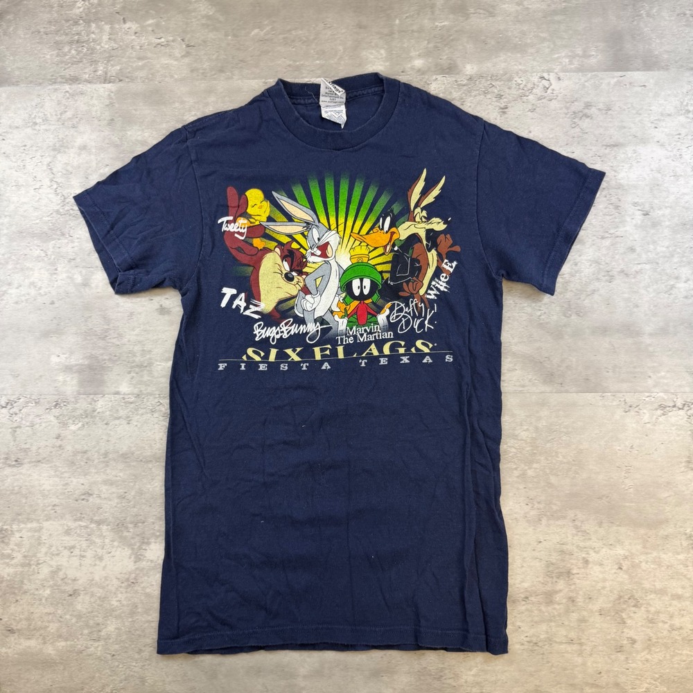 Six Flags Fiesta Texas Looney Tunes Graphic Tee Navy Blue Bugs Bunny Taz Small
